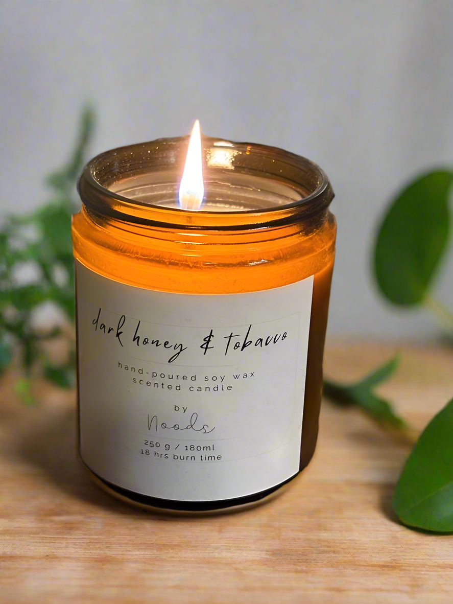 Luxury Dark Honey and Tobacco Scented Soy Wax Candle, perfect gift in 180ml Amber Glass Jar 100% Natural Apothecary